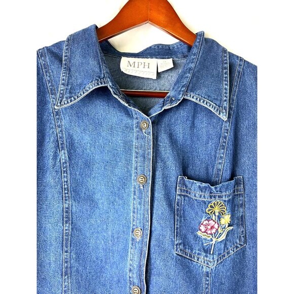 VTG 90's Cottage, Grandma Embroidered Flowers Denim Blouse, Women's PLUS 2X - Picture 7 of 11